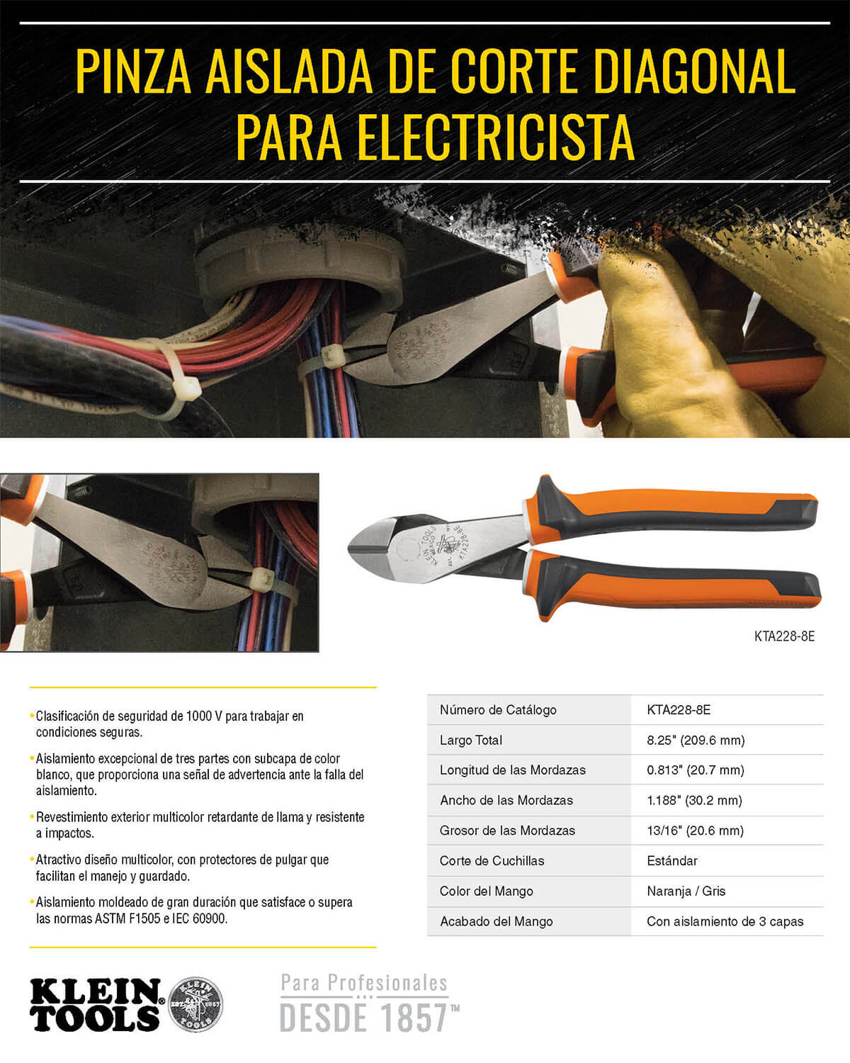 Pinza Aislada Corte Diagonal Electricista Klein Tools